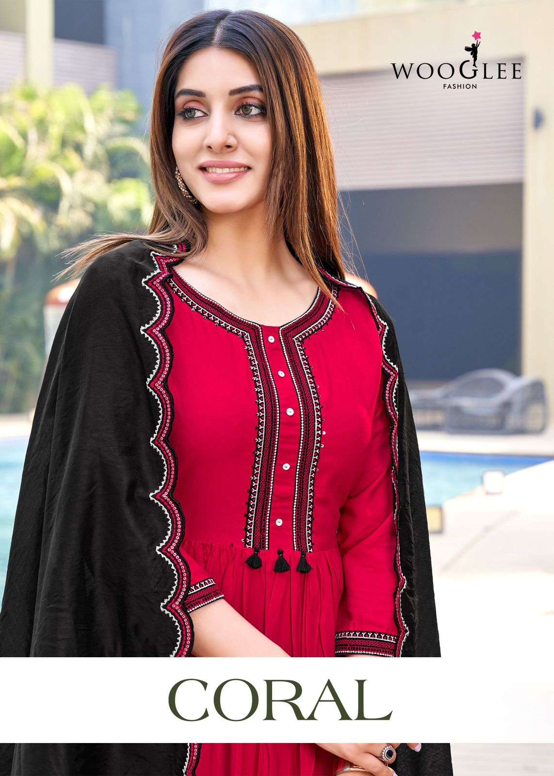 CORAL RAYON WEAVING KURTI WITH COTTON LYCRA PANT AND CHANDERI DUPATTA WITH WORK BY WOOGLEE BRAND POSTER